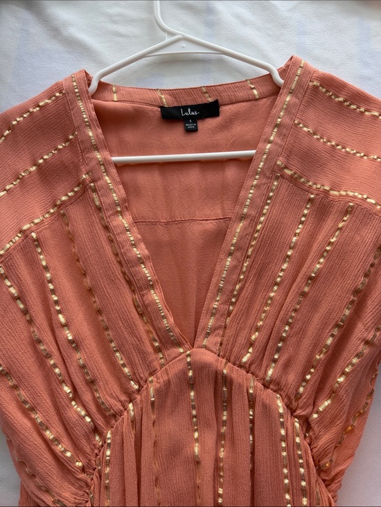 Lulus Dresses & Skirts - Lulus Terracotta Gold Lurex Stripe Midi Dress Deep V Neck Dolman Sleeve Size S